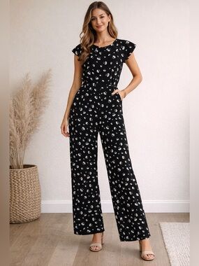 LOFT Black Floral Jumpsuit Size 6 EUC Wide Leg Flutter Sleeve Casual Chic